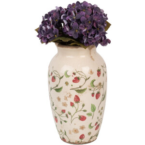 Clayre & Eef 6CE1942S Váza keramická béžová červená Ø 16x27 cm venkovský styl