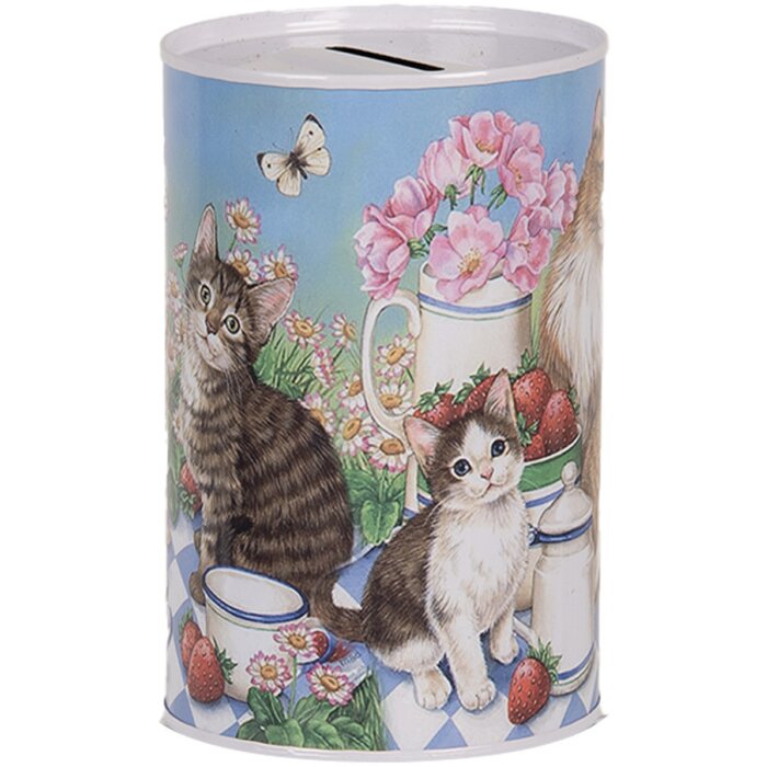 Clayre & Eef 6BL0167 Pokladnička na peníze s motivem kočky Ø 8x13 cm venkovský styl