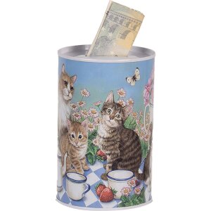 Clayre & Eef 6BL0167 Pokladnička na peníze s motivem kočky Ø 8x13 cm venkovský styl