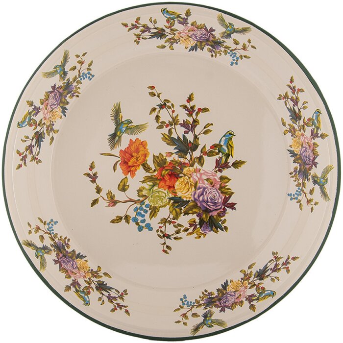 Clayre & Eef 6EM0006 Dekorativní talíř smaltovaný béžovo-zelený Ø 30 cm