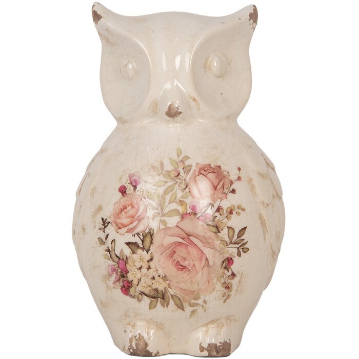 Clayre & Eef 6CE1961L Dekorativní sova keramická béžová růžová 13x12x22 cm