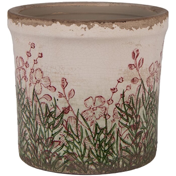 Clayre & Eef 6CE2017S Květináč keramický béžovo zelený Ø 13x12 cm venkovský styl