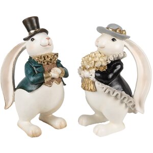 Clayre & Eef Dekorativní figurka králíka bílá modrá 14x13x23 cm Polyresin