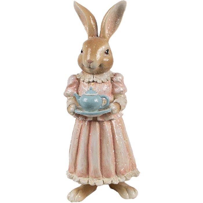 Clayre & Eef Dekorace Králík Polyresin Hnědá Růžová 11x11x26 cm Venkovský styl