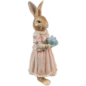 Clayre & Eef Dekorace Králík Polyresin Hnědá Růžová 11x11x26 cm Venkovský styl