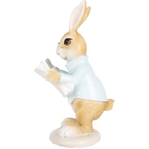 Clayre & Eef Dekorativní velikonoční figurka králíka béžová modrá 9x9x15 cm venkovský styl