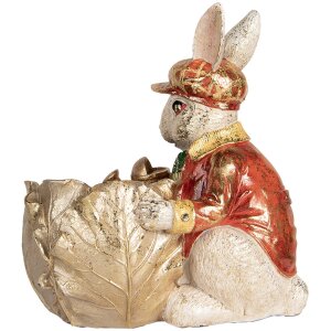 Clayre & Eef Dekorativní králík béžový červený zlatý 28x18x30 cm Velikonoční dekorace