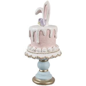 Clayre & Eef Dekorativní králík na dortovém stojanu růžovo-bílý Ø 9x20 cm