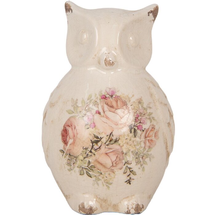 Clayre & Eef dekorativní sova 11x10x17 cm venkovský styl keramika béžová růžová