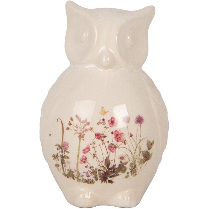 Clayre & Eef Dekorativní sova keramická béžová růžová 11x10x17 cm venkovský styl