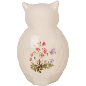 Clayre & Eef Dekorativní sova keramická béžová růžová 11x10x17 cm venkovský styl