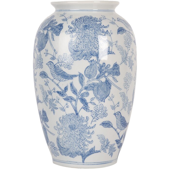 Clayre & Eef 6CE2102 Váza keramická bílo-modrá Ø 17x27 cm Botanický styl