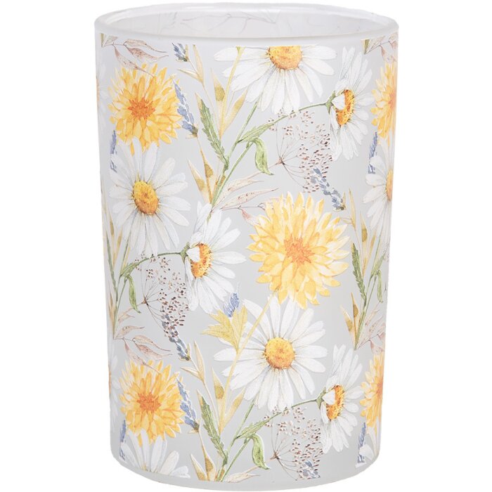Clayre & Eef 6GL4957 Skleněný držák na čajovou svíčku Flower Pattern White Yellow Ø12xH18 cm