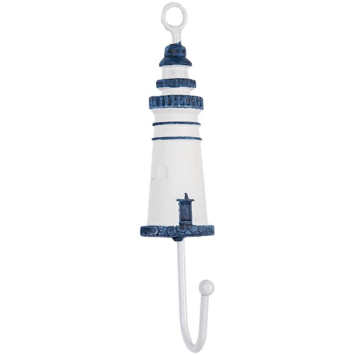 Clayre & Eef 66070BL Nástěnný háček Lighthouse Metal Wood White Blue 4x4x18 cm