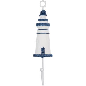 Clayre & Eef 66070BL Nástěnný háček Lighthouse Metal Wood White Blue 4x4x18 cm