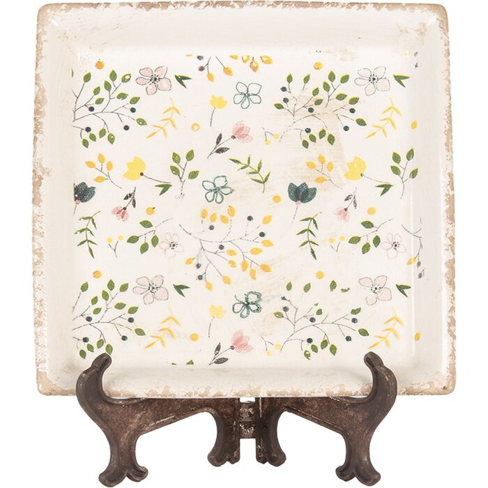 Clayre & Eef Dekorativní talíř 22x22 cm Béžový vintage keramický květinový vzor