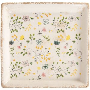 Clayre & Eef Dekorativní talíř 22x22 cm Béžový vintage keramický květinový vzor
