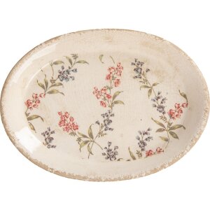 Clayre & Eef dekorace talíř keramický béžový růžový 25x18 cm Vintage styl
