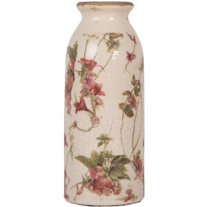 Clayre & Eef 6CE2027 Váza béžovo-růžová s květinovým vzorem Ø 8x20 cm Vintage keramika