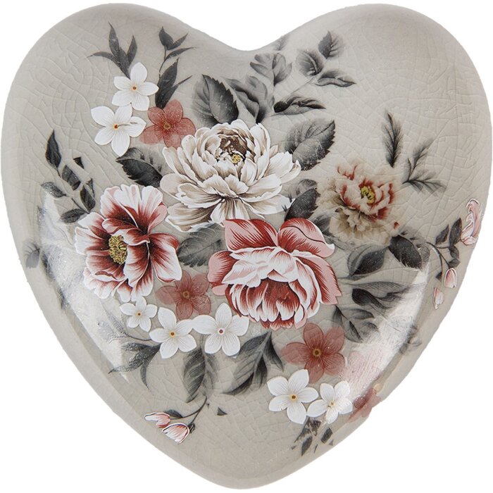 Clayre & Eef Dekorativní srdce keramické šedorůžové 11x11x4 cm venkovský styl