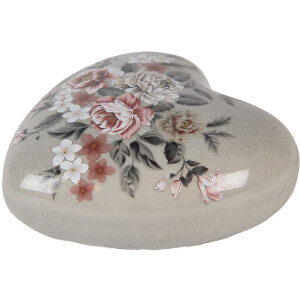 Clayre & Eef Dekorativní srdce keramické šedorůžové 11x11x4 cm venkovský styl