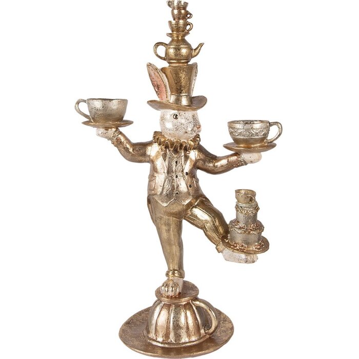 Clayre & Eef dekorativní králík zlatý 35x22x58 cm polyresin s čajovým servisem