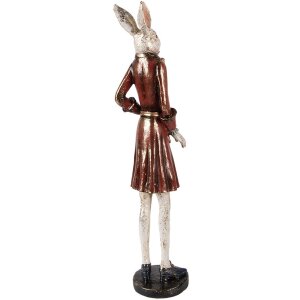 Clayre & Eef Dekorativní králík béžový červený 12x12x53 cm Polyresinová figurka zvířete