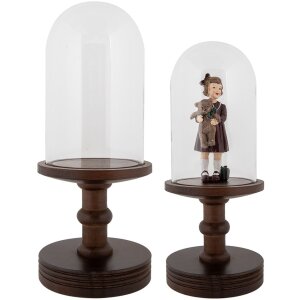Clayre & Eef skleněný zvonek dřevěný podstavec Ø14x34cm transparentní hnědý venkovský styl