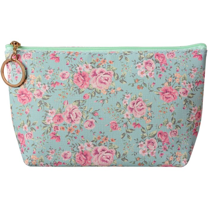 Toaletní taška Juleeze s květinovým vzorem zeleno-růžová 21x5x13 cm PU zapínání na zip