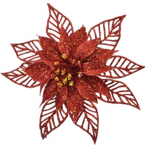 Clayre & Eef Vánoční květinová sada 2ks červená Ø15x2cm Plastová třpytivá dekorace