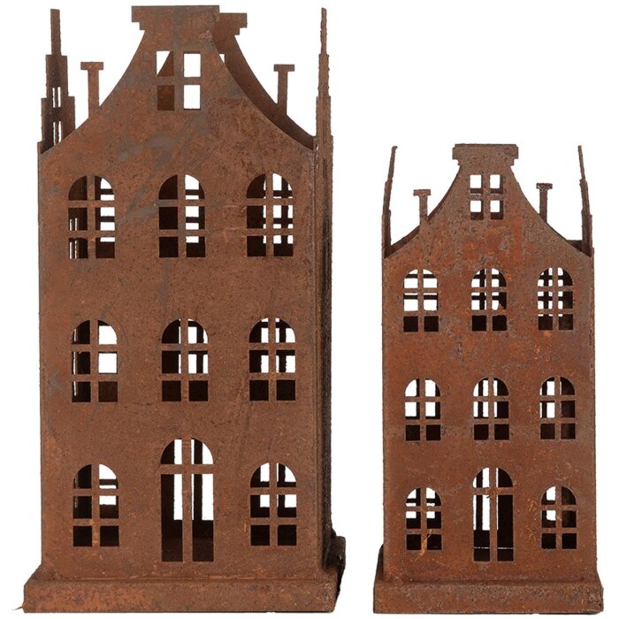 Clayre & Eef 6Y5775 Sada 2 kovových dekorací domeček hnědý venkovský styl 11x11x21cm