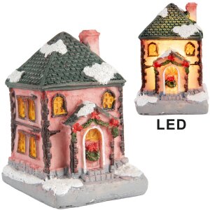 Clayre & Eef 6PR5734 Dekorace domeček s LED diodami růžovo-šedá 4x5x6 cm