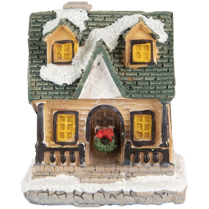 Clayre & Eef 6PR5735 Dekorace domeček LED béžová zelená 5x5x6 cm