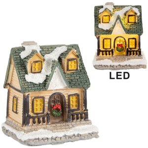 Clayre & Eef 6PR5735 Dekorace domeček LED béžová zelená 5x5x6 cm