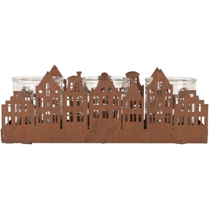 Clayre & Eef 6Y5783 Stojan na čajové svíčky Houses Brown 30x9x11 cm Venkovský styl