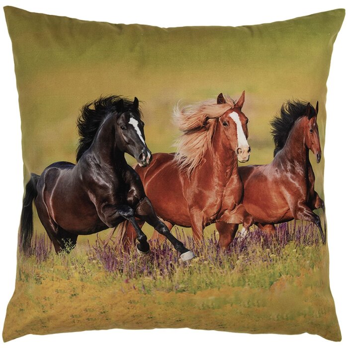 Clayre & Eef KT021.418 Povlak na polštář 45x45 cm Divocí koně Přírodní zeleno-hnědý