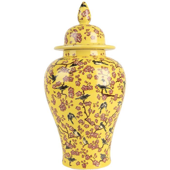 Clayre & Eef 6CE2140 Dekorativní květináč s víkem Yellow Cherry Blossom Ø11x22 cm