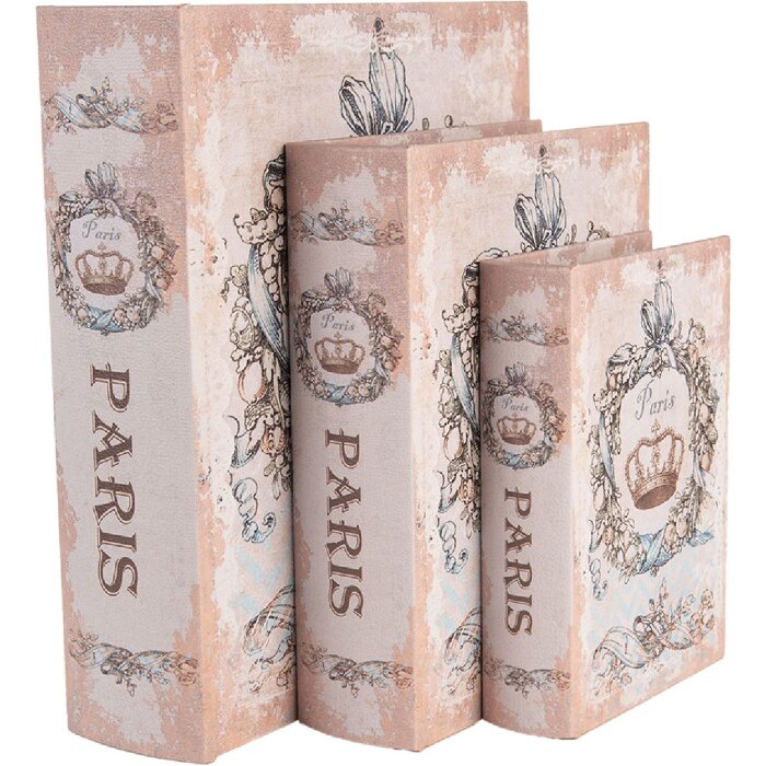 Clayre & Eef Úložné boxy Paris Sada 3 béžových modrých vintage knih
