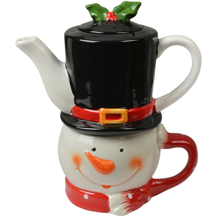 Clayre & Eef Tea for One Sněhulák Čajová konvice Keramika Bílá Červená 525ml