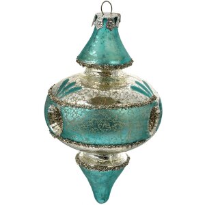 Clayre & Eef 6GL4716 Vánoční přívěsek modrostříbrný Ø 8x13 cm Skleněný venkovský styl