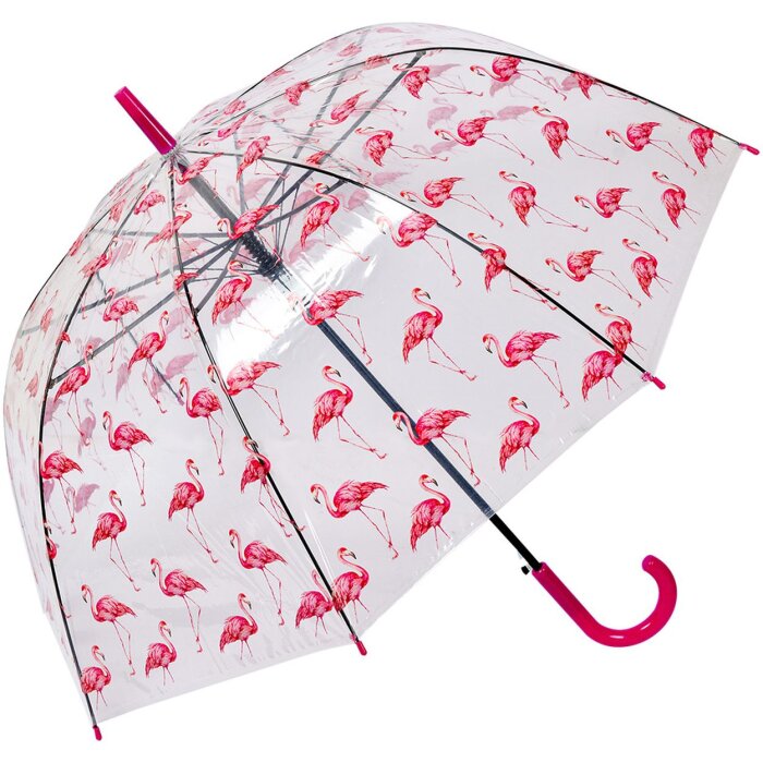 Juleeze JZUM0092 Deštník s průhledným designem plameňáka 90 cm robustní růžová rukojeť