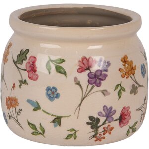 Clayre & Eef Dekorativní květináč venkovský styl Ø 12x10 cm béžový s květinami