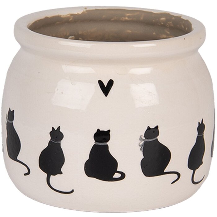 Clayre & Eef Květináč Kočka Béžová Černá Ø12x10 cm Keramika Venkovský styl
