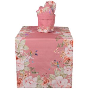 Clayre & Eef FFA64P stolní běhoun růžový 50x140 cm s květinami a ptáčky