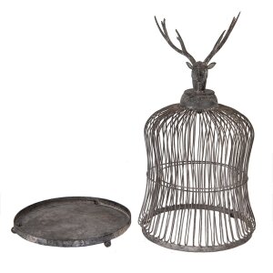 Clayre & Eef Dekorativní ptačí klec s jelení hlavou Antik-Grau Ø26x50cm Vintage