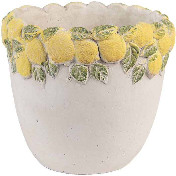 Clayre & Eef Květináč s citronovým reliéfem Ø16x15cm kámen žlutozelený