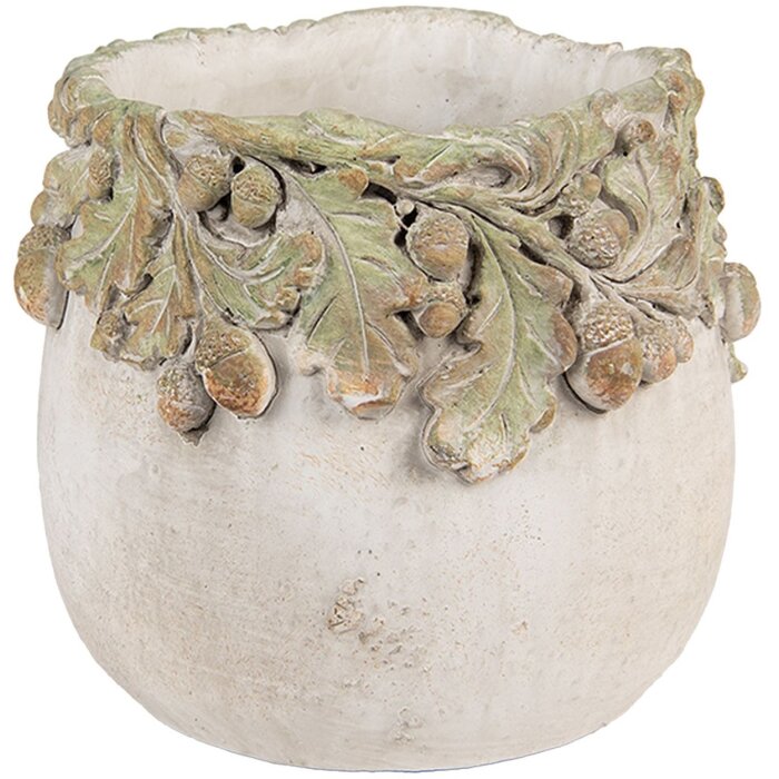 Clayre & Eef Květináč s reliéfem dubových listů Ø15x13 cm béžovo-zelený