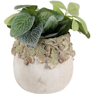 Clayre & Eef Květináč s reliéfem dubových listů Ø15x13 cm béžovo-zelený