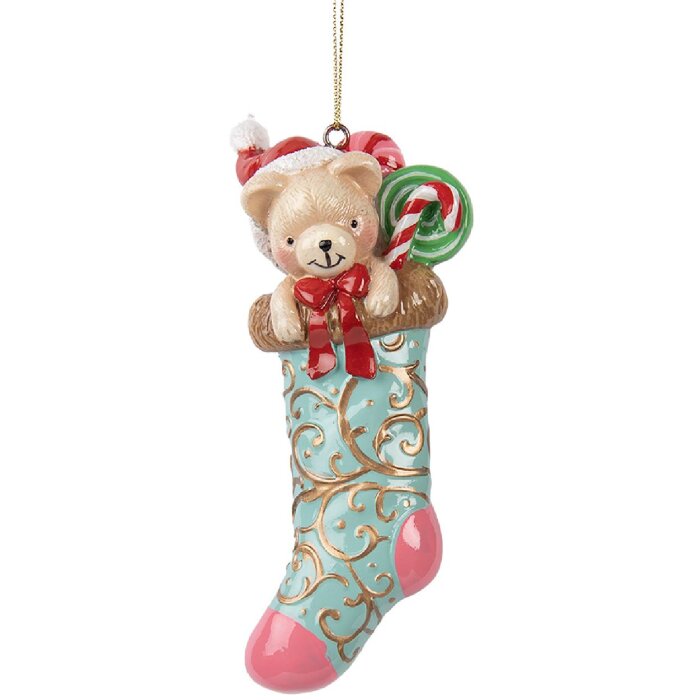 Clayre & Eef 6PR5615 Dekorační závěs Medvěd ve vánoční punčoše 7x5x15 cm
