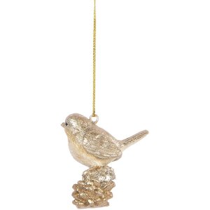 Clayre & Eef Dekorační závěs Ptáček 6x3x6 cm béžovo-zlatý